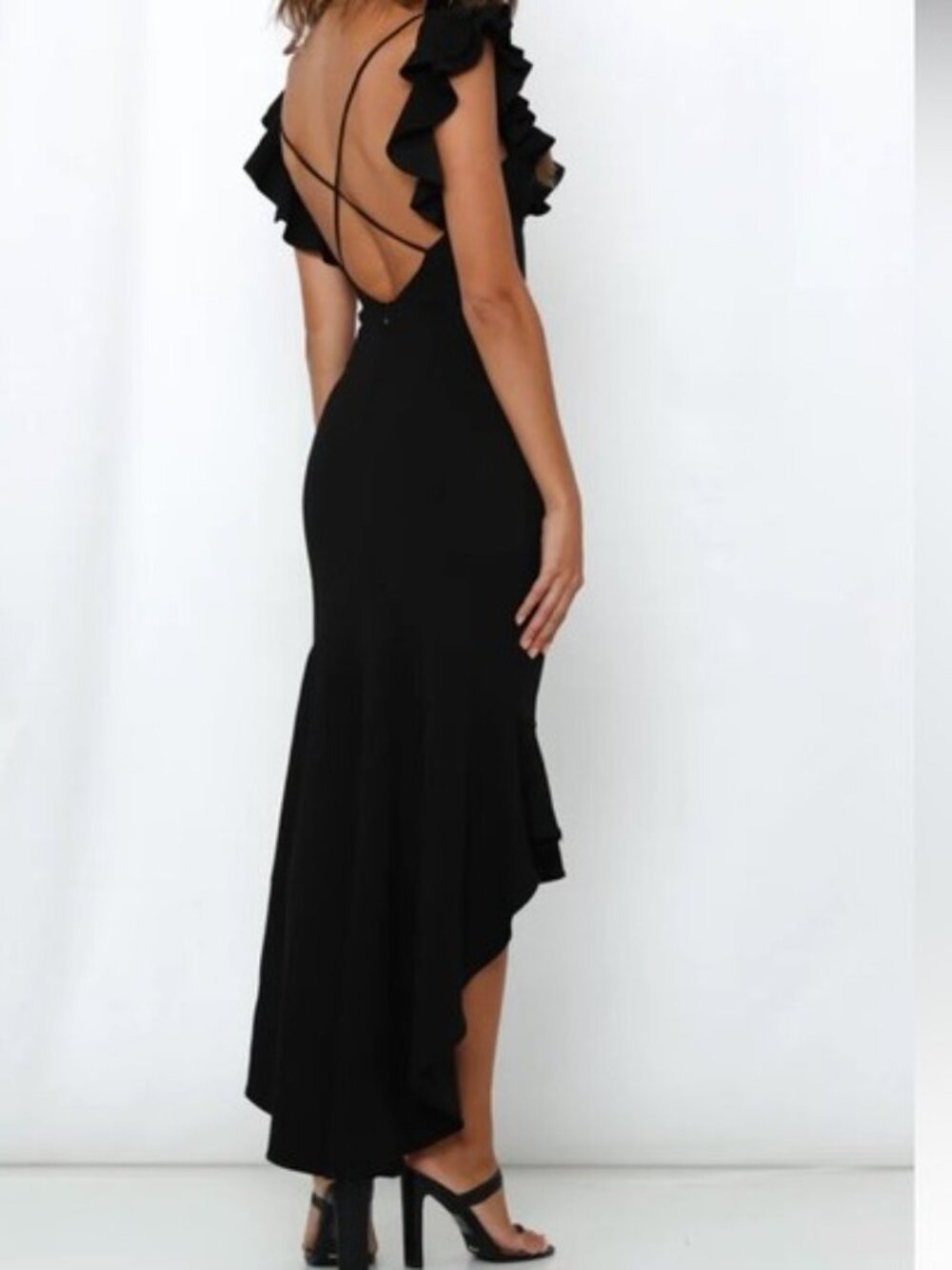 NWT Hello Molly Black Ruffle V-Neck Midi Dress - Picture 2 of 7